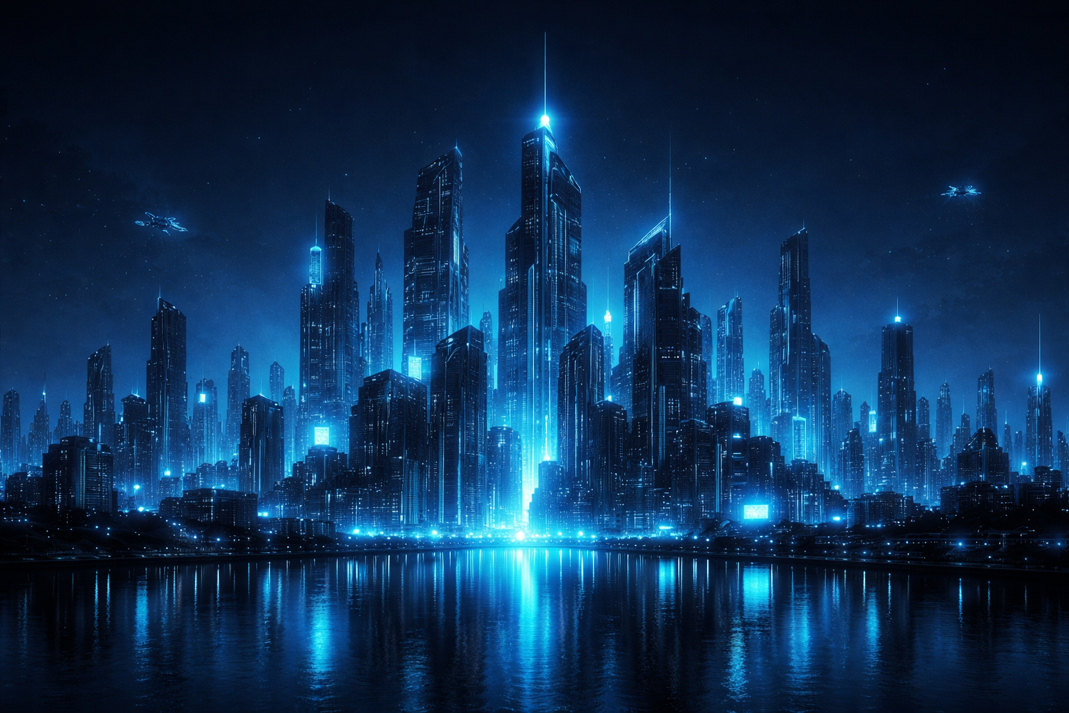 Soyut siber punk şehir silüeti neon mavi tonlarında